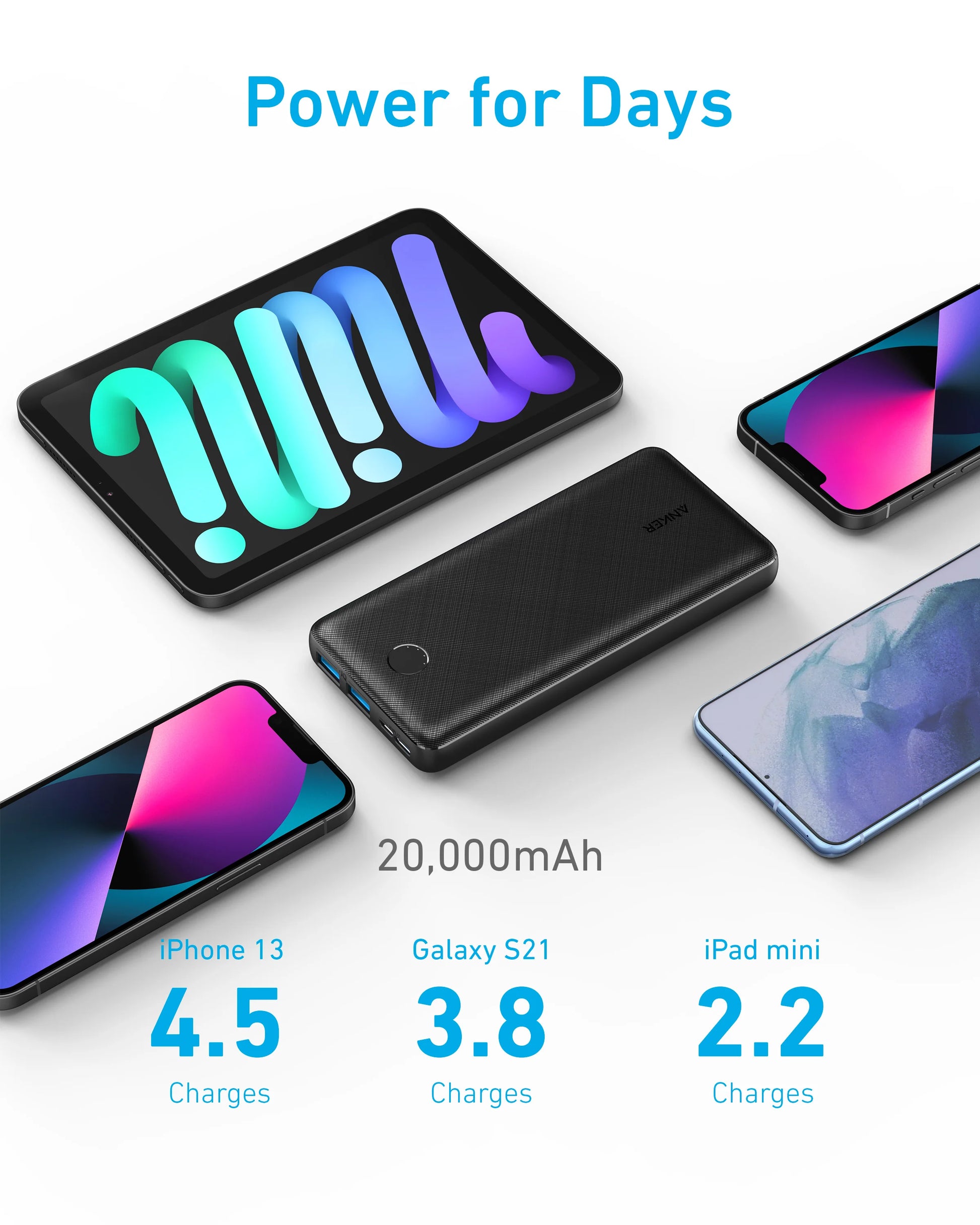 Batterie externe haute capacité de 20 000mAh avec plusieurs appareils chargés autour