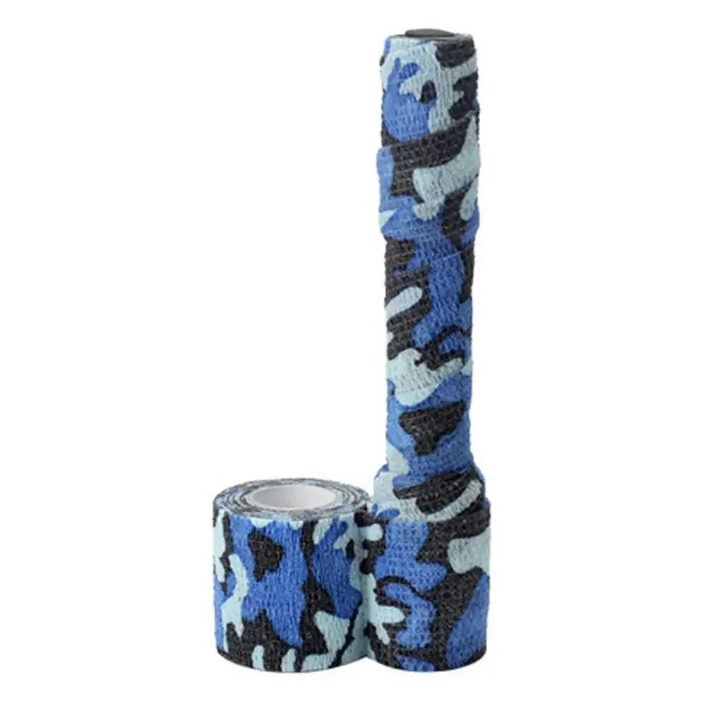 Bandage camouflage fusil en bleu et noir, idéal pour un maintien efficace durant les activités sportives.