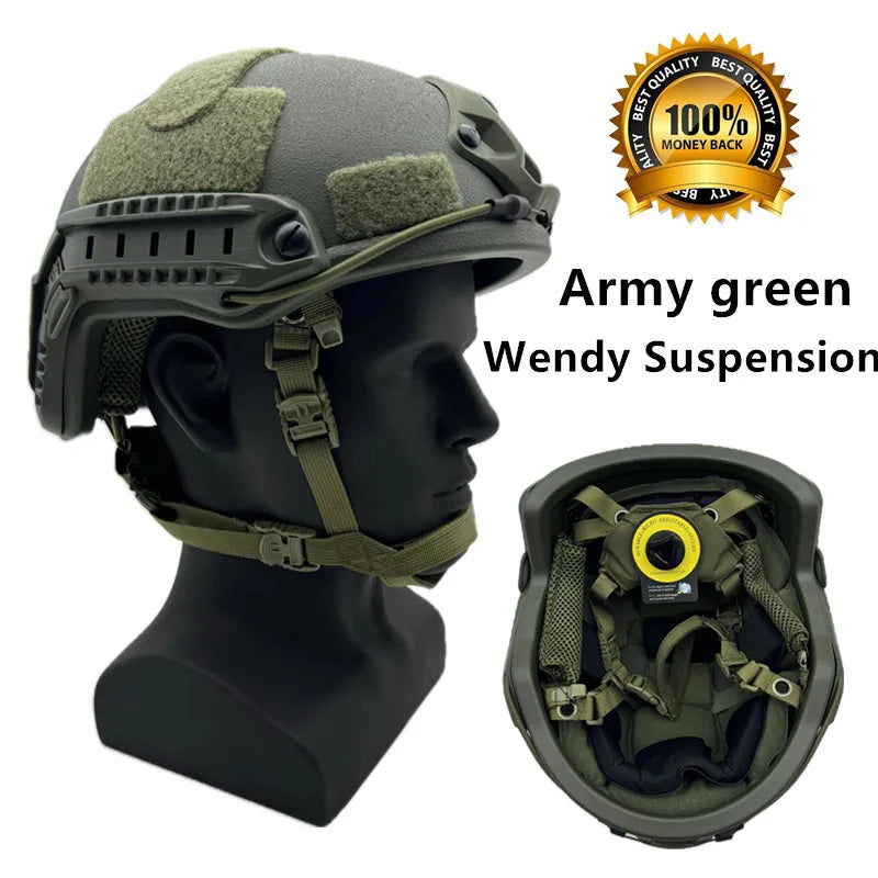 Casque tactique NIJ IIIA vert armée avec système de suspension Wendy pour un confort optimal