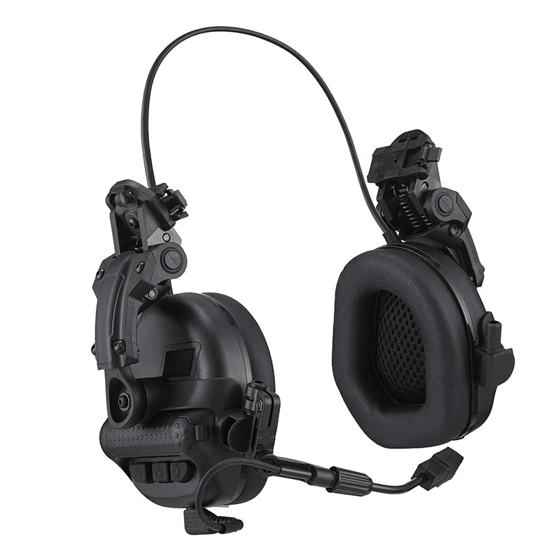 Casque tir militaire noir avec coussinets confortables et connexion audio intégrée pour la protection auditive