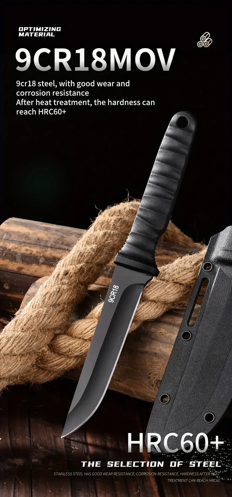Couteau de survie haute dureté en acier 9Cr18MOV avec excellente résistance à l'usure et à la corrosion