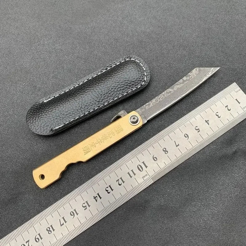 Couteau pliant Higonokami en acier avec étui en cuir et règle pour référence de taille
