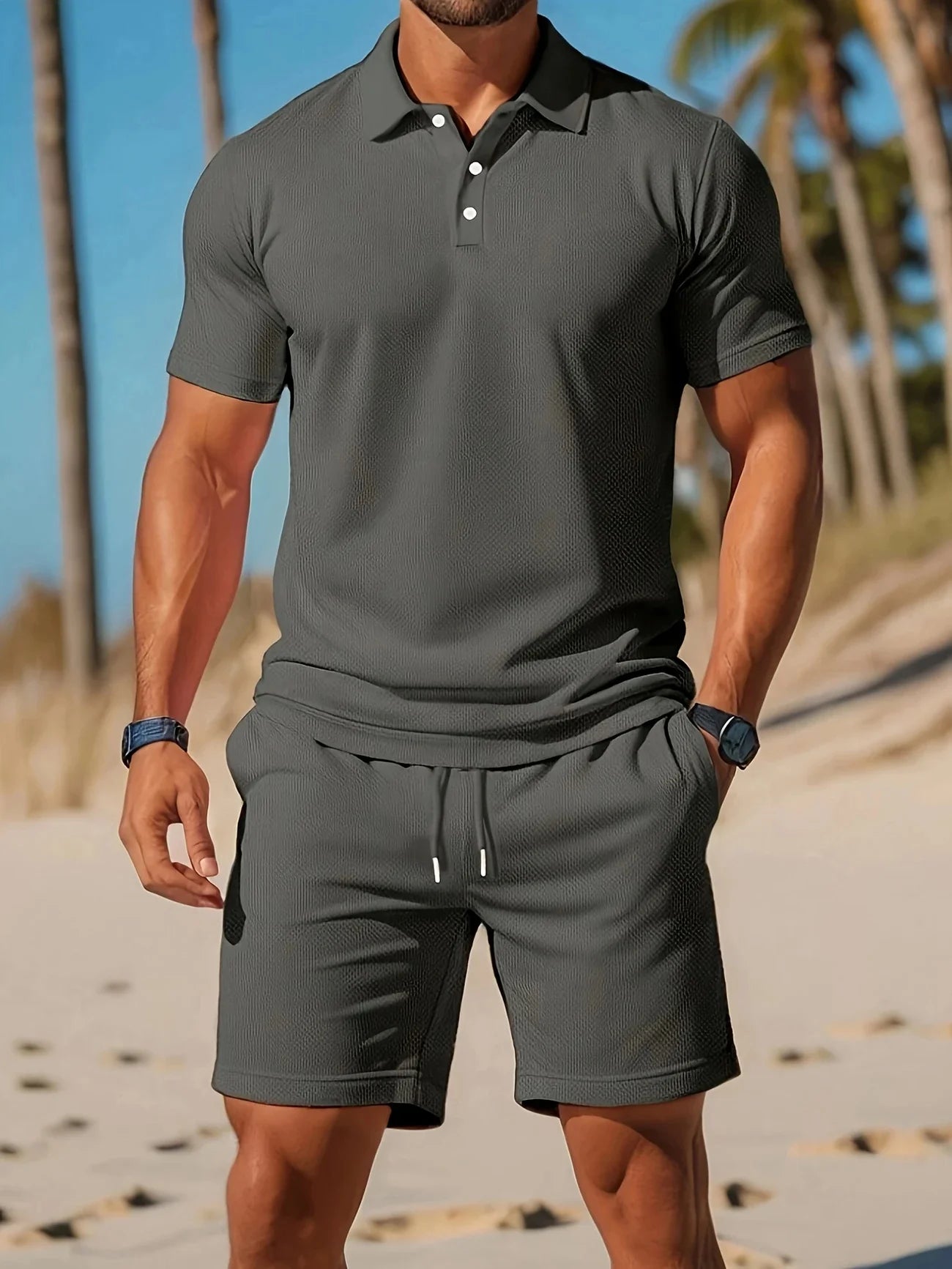 Ensemble deux pièces homme été gris foncé Sentinelle Alpha avec polo et short confortables