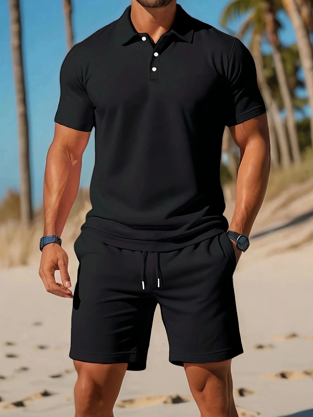 Ensemble deux pièces homme été noir avec polo à boutons et short confortable sur la plage