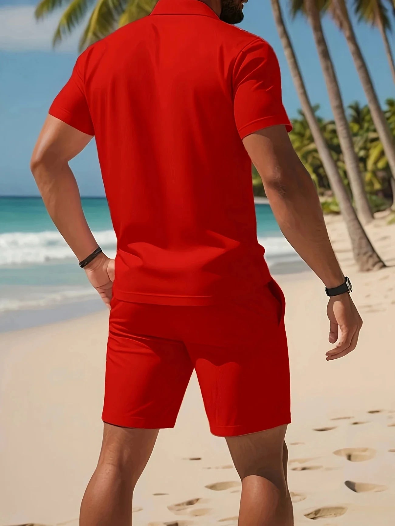 Ensemble deux pièces homme été rouge porté sur la plage avec chemise à manches courtes et short