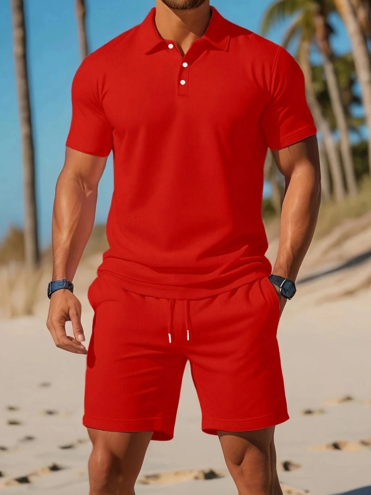 Ensemble deux pièces homme été rouge avec polo et short confortable parfait pour plage