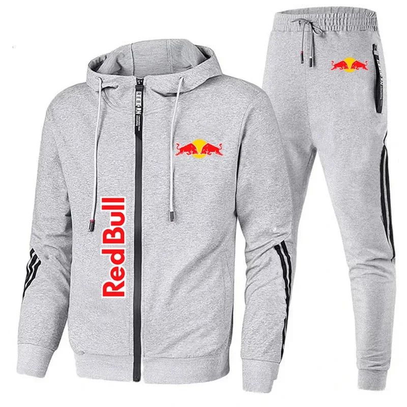 Ensemble Red Bull en gris avec veste à capuche et pantalon confortable pour un look sportif