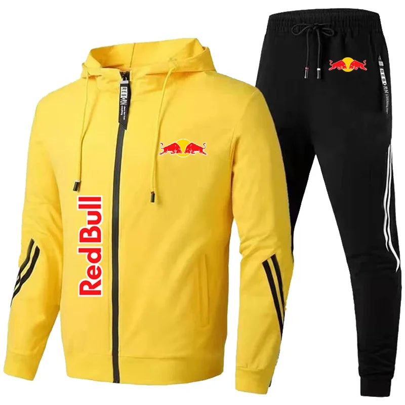 Ensemble Red Bull avec une veste jaune à capuche et un pantalon noir pour le sport