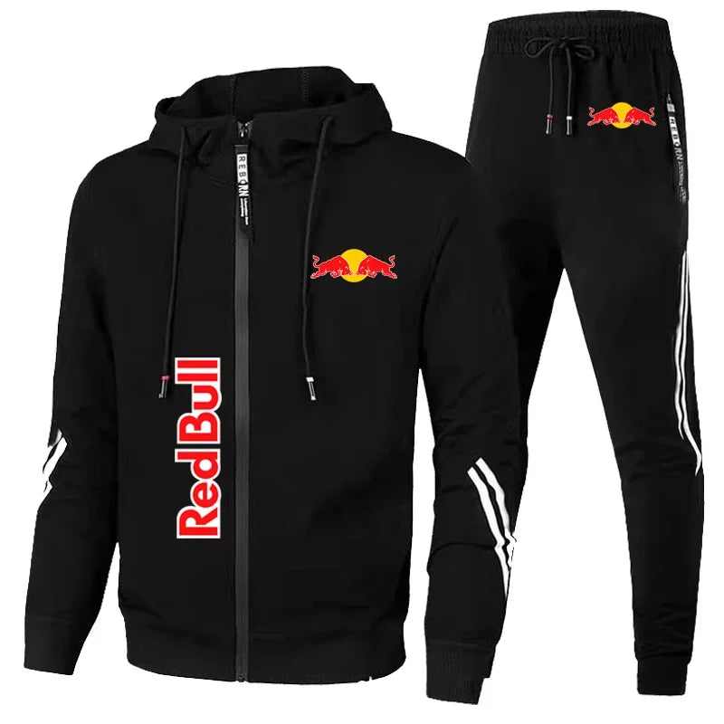 Ensemble Red Bull noir avec hoodie à capuche et pantalon, logo Red Bull sur les deux pièces