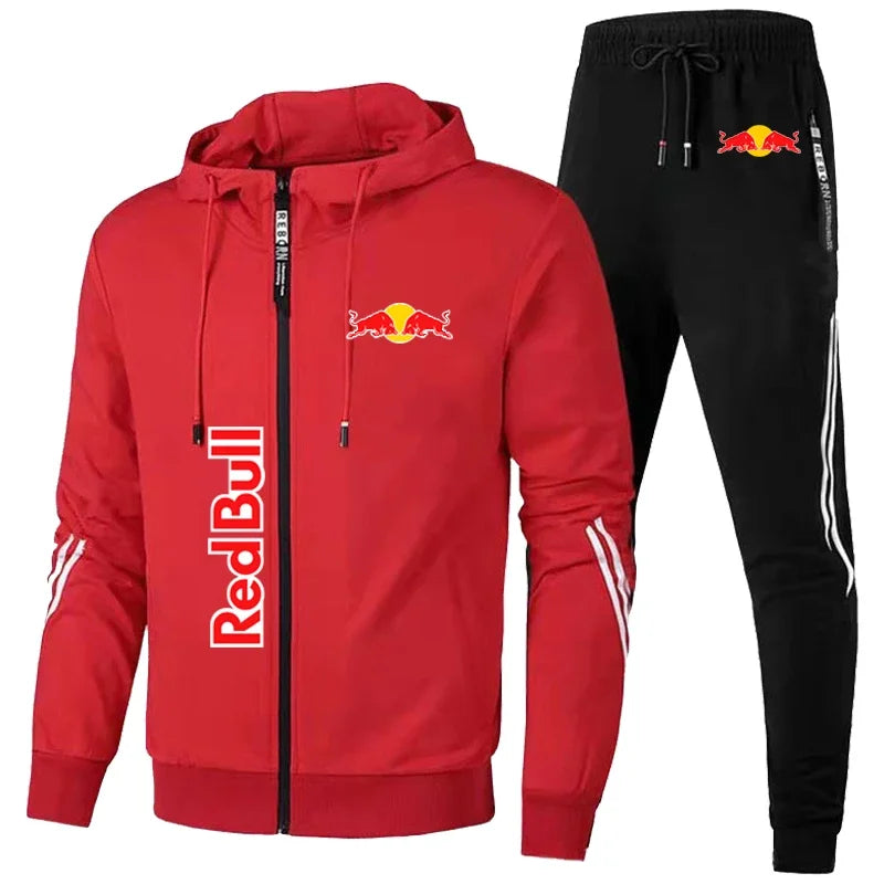 Ensemble Red Bull composé d'un sweat rouge et d'un pantalon noir avec logo sur les deux pièces