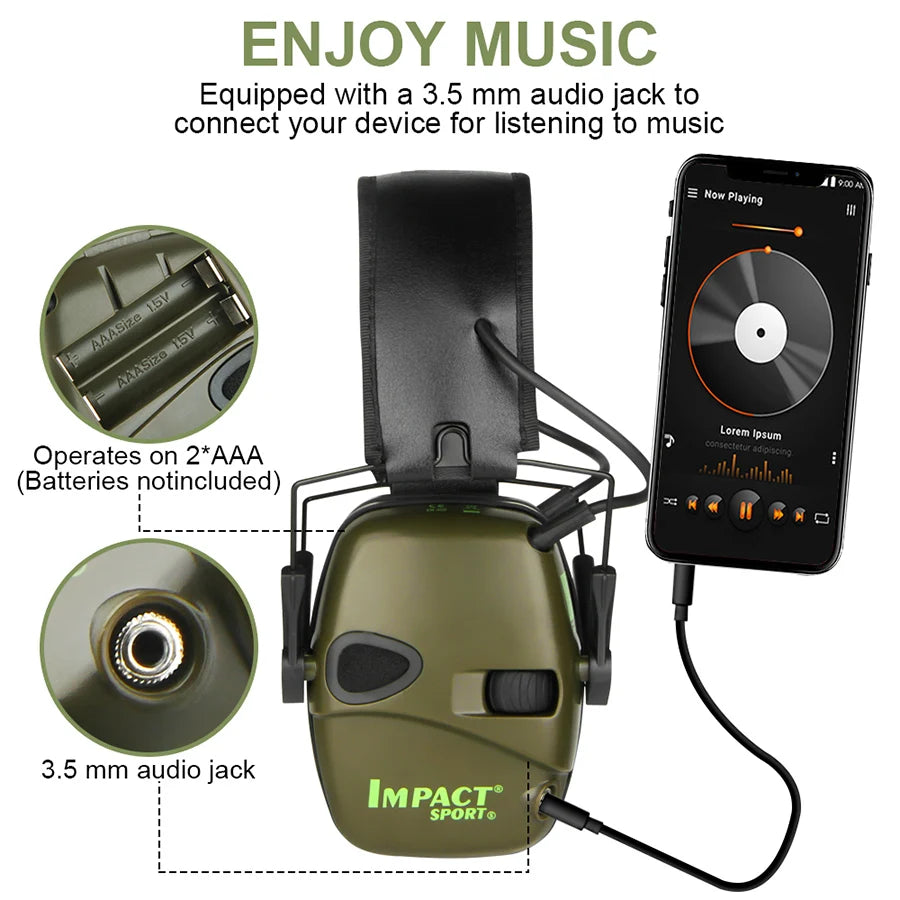 Casque anti-bruit tactique Impact Sport avec prise audio 3,5 mm pour écouter de la musique