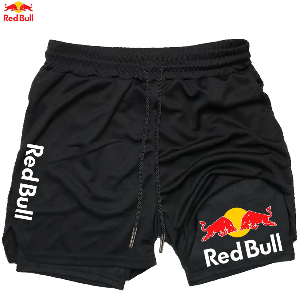 Short Red Bull sport noir avec logo Red Bull sur les côtés, idéal pour les activités sportives
