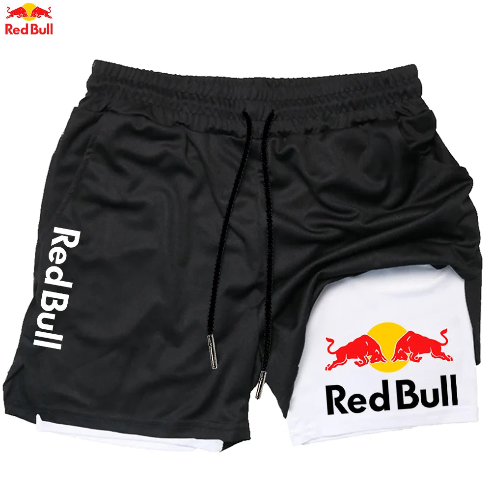Short Red Bull sport en noir et blanc avec logo Red Bull sur les côtés, idéal pour les activités sportives