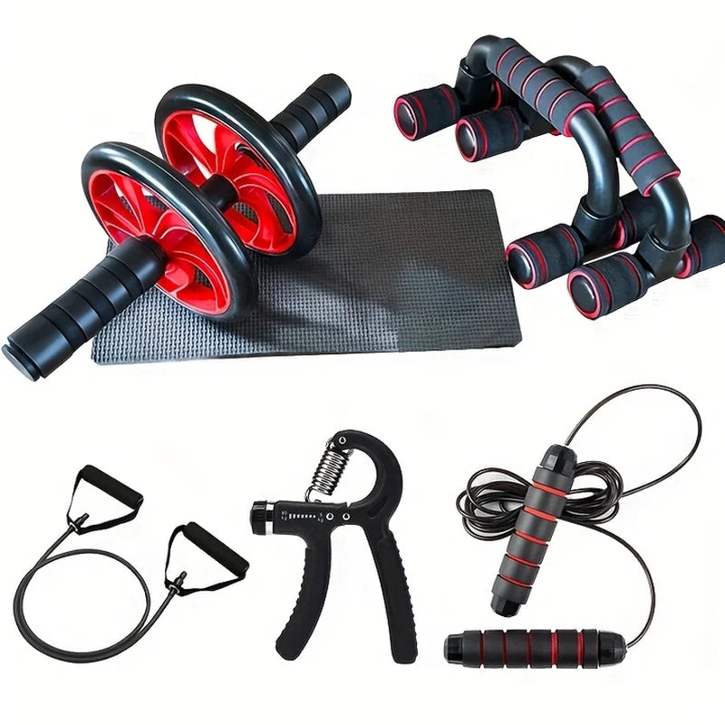 Accessoire pour gym à domicile comprenant des haltères, un rouleau à abdominaux et d'autres équipements
