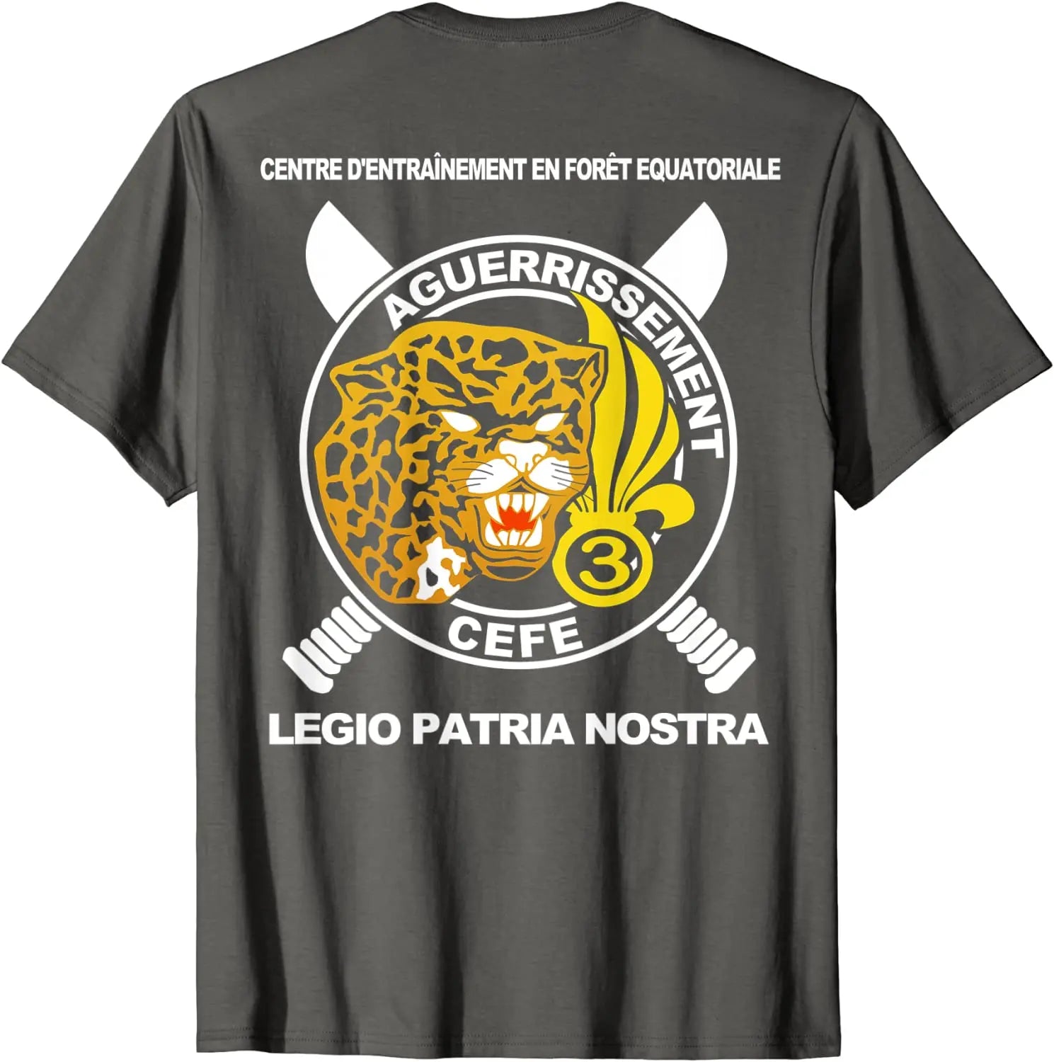 T-shirt Légion étrangère avec motif de léopard et inscriptions blanches sur fond gris