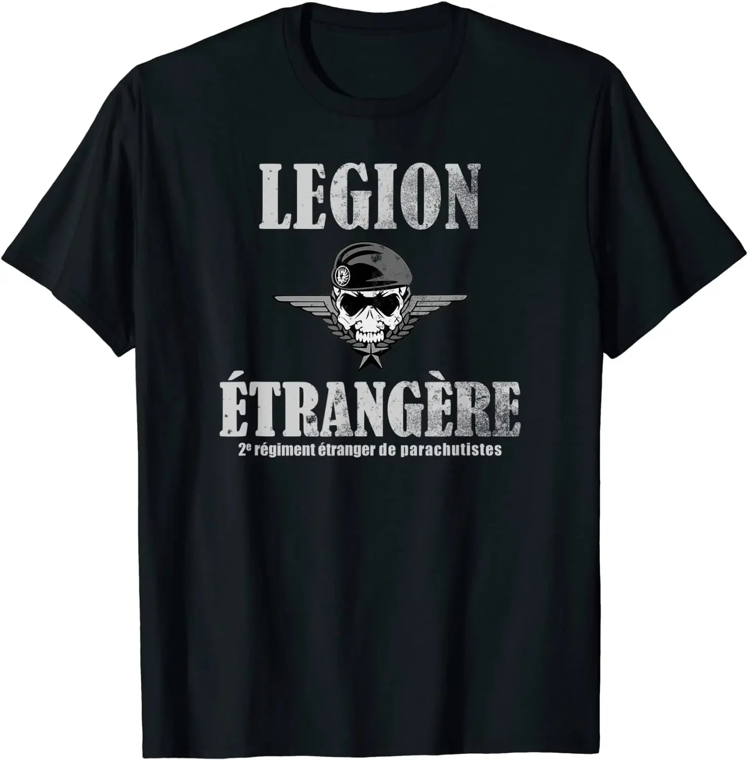 T-shirt Légion étrangère noir avec motif de crâne et inscriptions stylisées