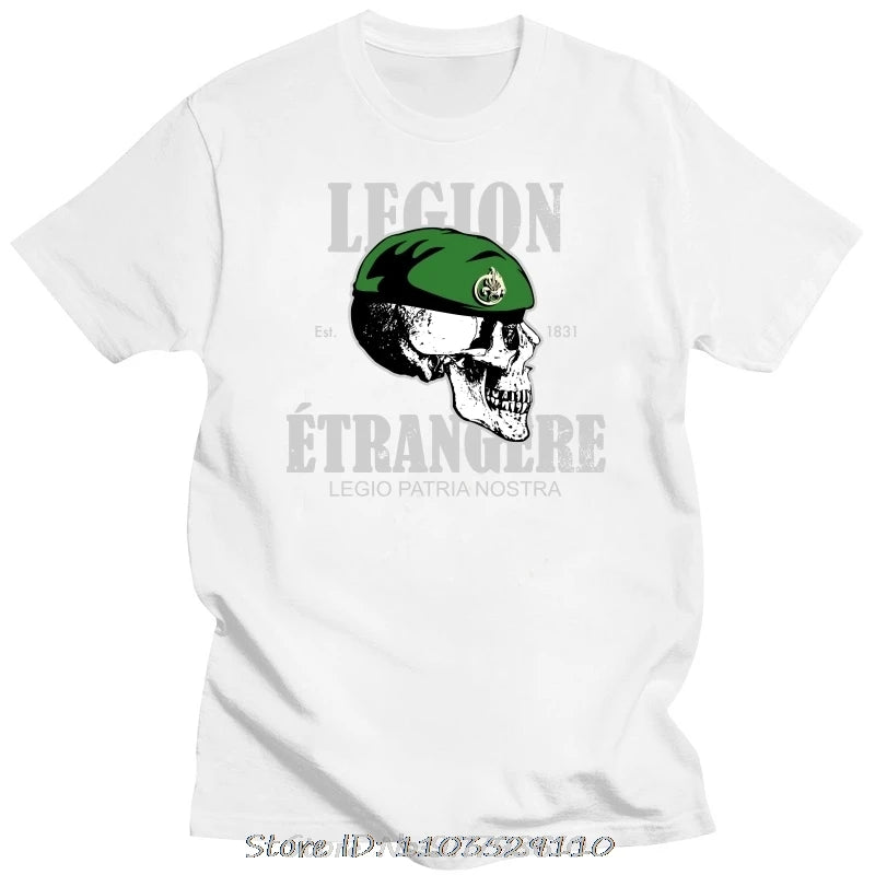 T-shirt Légion Étrangère blanc avec motif crâne et béret vert, parfait pour les fans de l'armée française