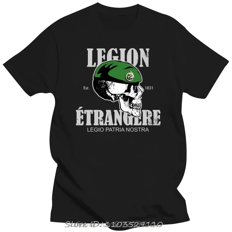 T-shirt Légion Étrangère avec motif de crâne et béret vert sur fond noir
