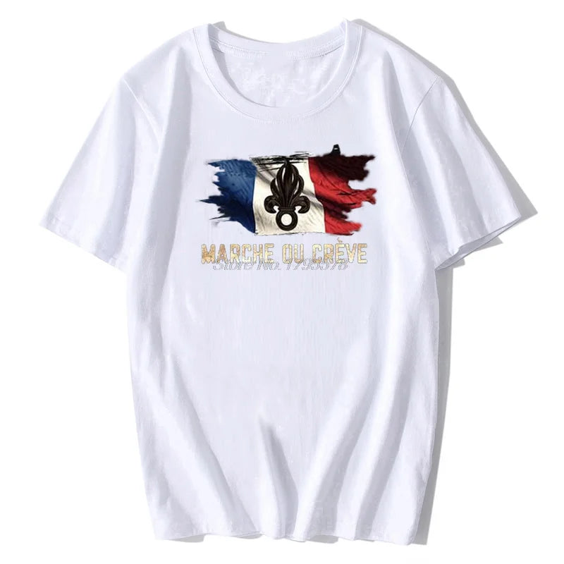 T-shirt blanc avec impression Marche ou Crève sur fond tricolore français