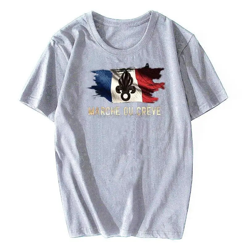 T-shirt gris avec drapeau français et inscription MARCHE OU CREVE pour un style décontracté