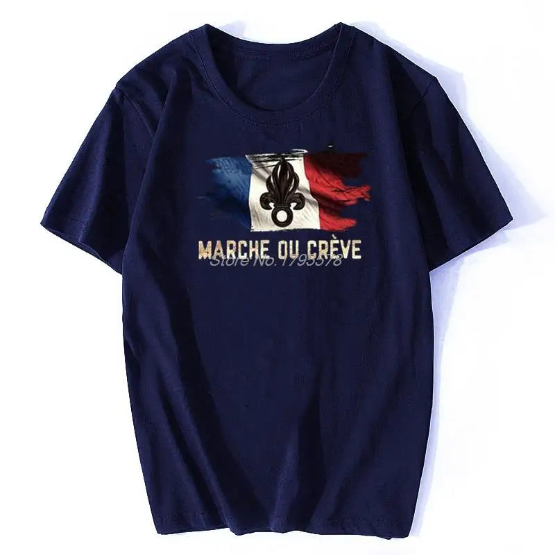 T-shirt bleu avec le slogan t-shirt marche ou crève et un design tricolore français
