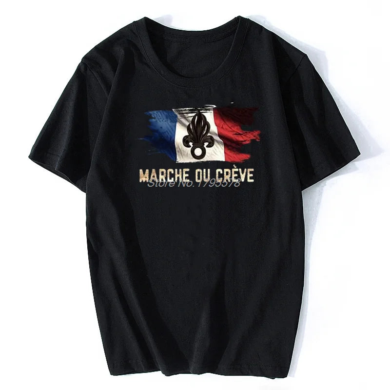 T-shirt noir avec le design 'marche ou crève' et le drapeau français, parfait pour les amateurs de mode unique