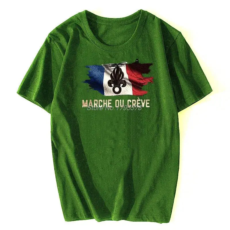 T-shirt marche ou crève en vert avec un drapeau français stylisé sur le devant