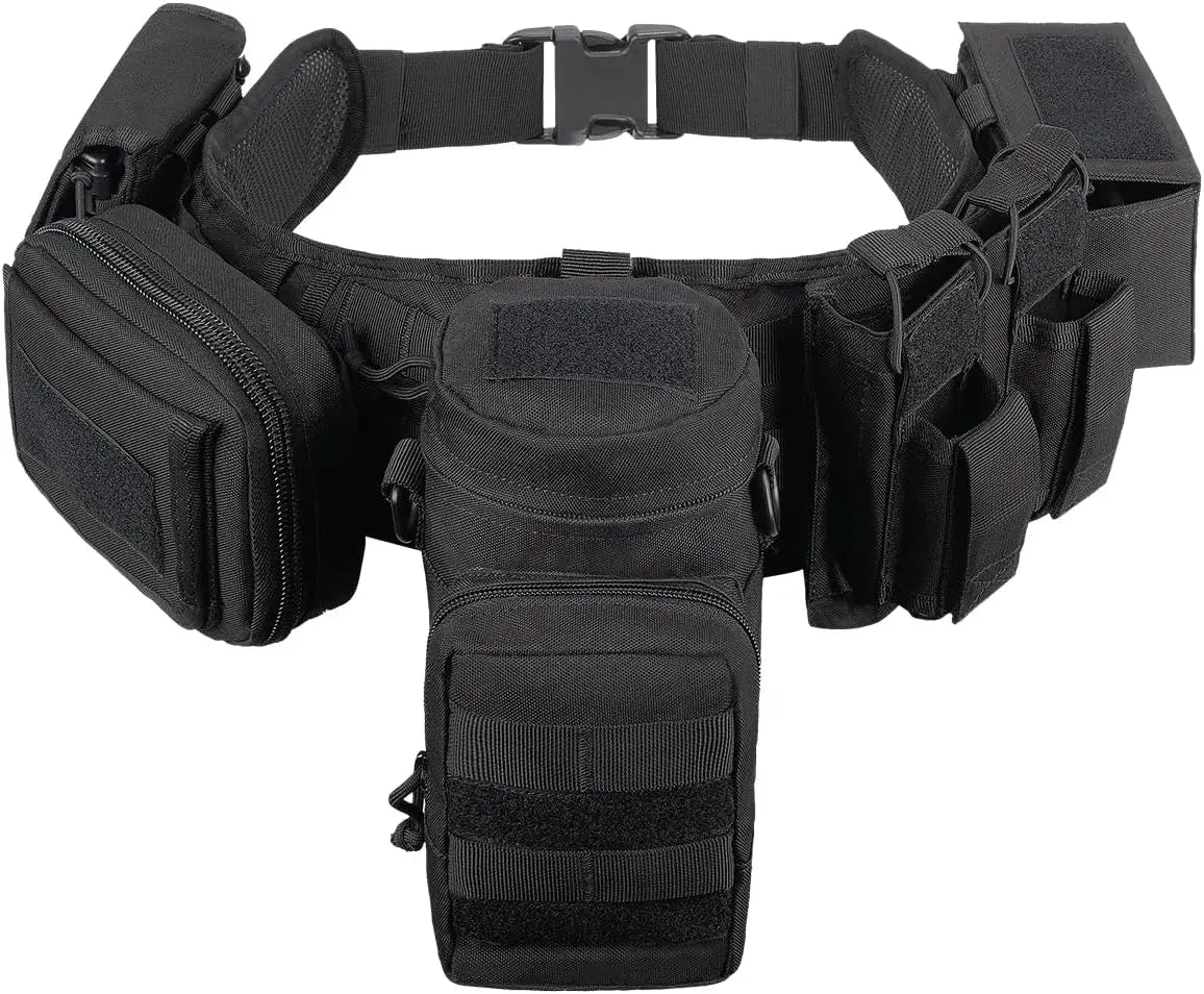 Ceinture tactique militaire noire avec plusieurs poches et systèmes de fixation pour le transport d'équipement