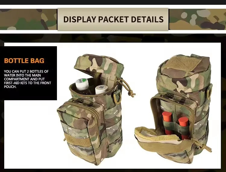 Sac de bouteille camouflage pour ceinture tactique militaire avec compartiment principal et poches avant
